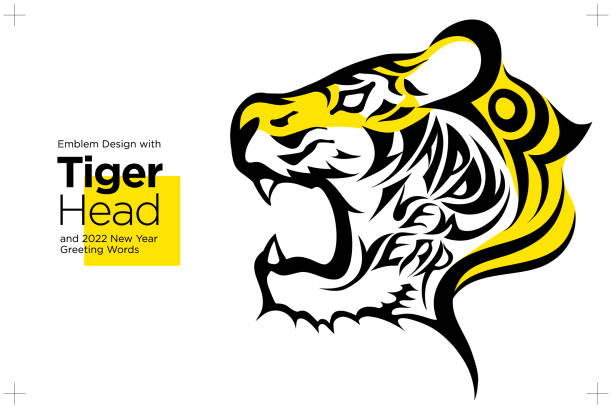 虎の頭と2022年新年の挨拶文(黄色)とエンブレムデザイン - 虎　イラスト点のイラスト素材／クリップアート素材／マンガ素材／アイコン素材