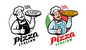 istock Emblem funny chef with pizza on background Italian flag. Pizzeria logo vector illustration 1387678190