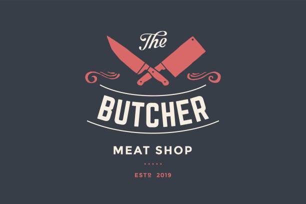 illustrazioni stock, clip art, cartoni animati e icone di tendenza di emblema della macelleria con coltelli cleaver e chefs - macelleria