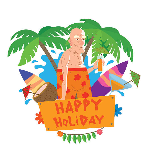 ilustrações de stock, clip art, desenhos animados e ícones de emblem, old bald man on the beach - bald beach