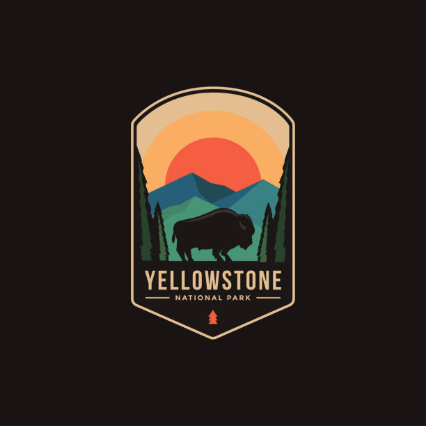 Emblem patch illustration of Yellowstone National Park Emblem patch illustration of Yellowstone National Park on dark background american bison stock illustrations
