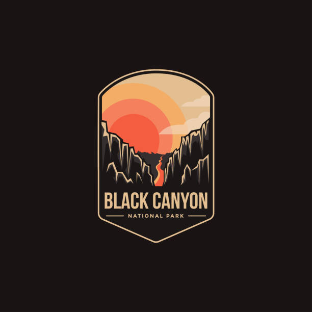 illustrazioni stock, clip art, cartoni animati e icone di tendenza di illustrazione vettoriale patch emblema del black canyon national park su sfondo scuro - canyon