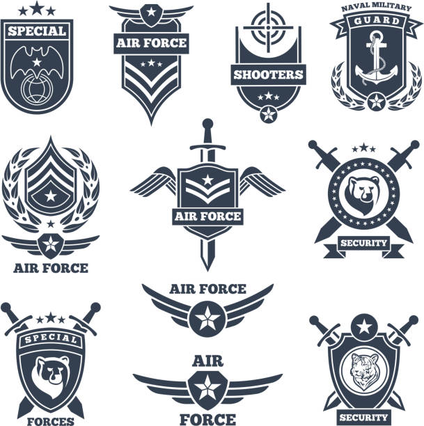 ilustraciones, imágenes clip art, dibujos animados e iconos de stock de emblemas e insignias para las fuerzas de aire y tierra - insignia símbolo