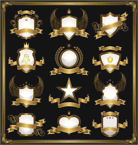 Emblems in gold Set of twelve decorative golden emblems on black background. military borders stock illustrations
