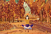 Illustration of a woman sitting in the forest in Autumn with her hands open wide