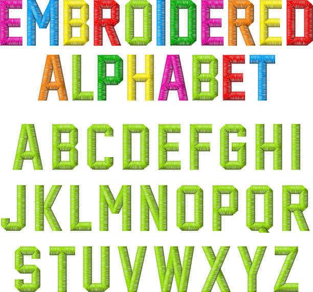 Embroidered font, alphabet Vector illustration with transparent effect. Eps10. sewing stock illustrations