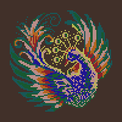 Embroidered peacock, cross stitch pattern of beautiful bird, vector illustration