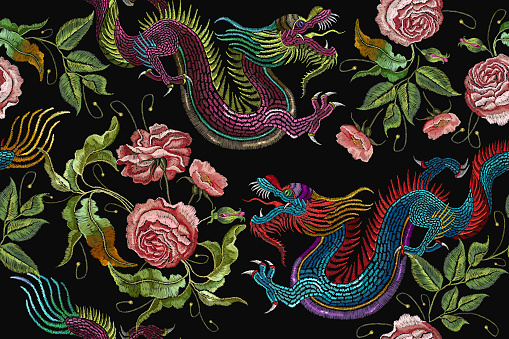 Embroidery chinese dragons and flowers peonies seamless pattern. Classical embroidery asian dragons and beautiful peonies seamless pattern. Art dragons t-shirt design. Clothes, textile design template vector