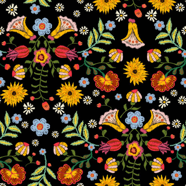 Embroidery ethnic seamless pattern with colorful flowers. Embroidery ethnic seamless pattern with colorful flowers. Vector traditional floral bouquet. Tribal style design for fashion wearing. craft product stock illustrations