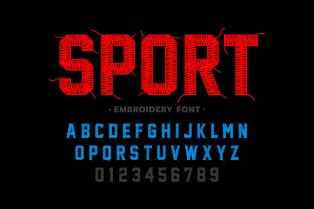 Embroidery font Embroidery font, sports style, stitched with thread alphabet letters and numbers vector illustration sewing stock illustrations