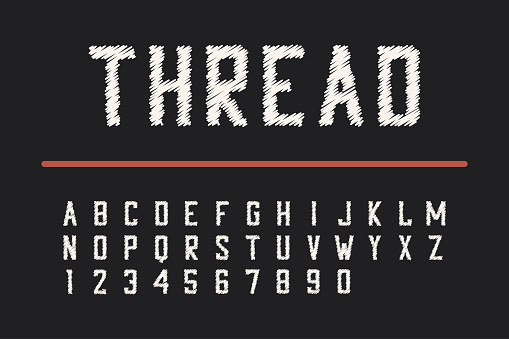 Embroidery thread font. Condensed bold typeface with numbers. Vector