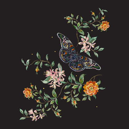 Embroidery trend floral pattern with wild roses and butterfly.