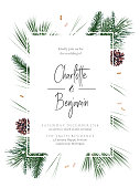 Emerald Christmas greenery, spruce, fir, pine cones seasonal vector design frame. Woodland simple style. Winter chic wedding or new year party invitation card. Watercolor style. Isolated and editable