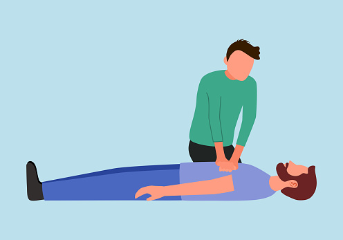 Emergency cardiopulmonary resuscitation concept vector illustration. Male CPR first aid to patient in flat design.