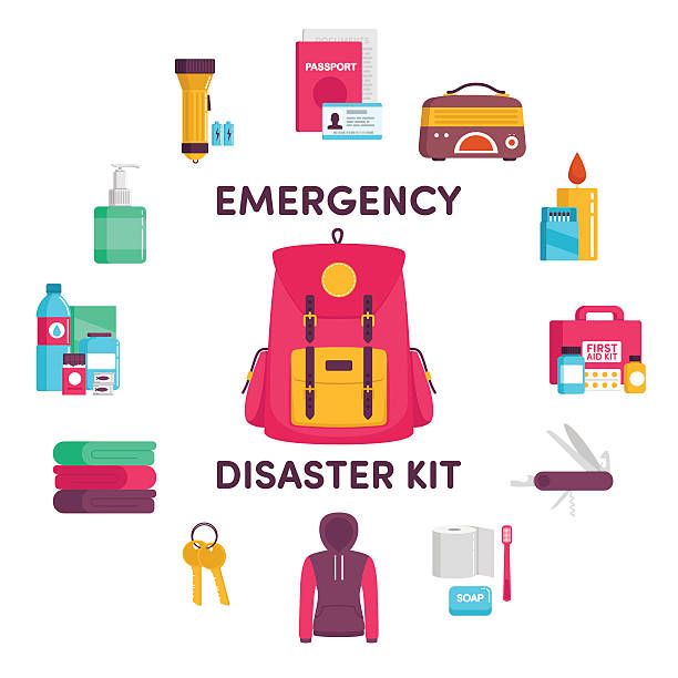 Emergency disaster kit documents, radio, candle, matches, first aid kit, knife, clothes, keys, a blanket, water, food, flashlight accidents and disasters stock illustrations