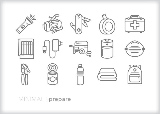 Emergency preparation line icon set Set of 15 prepare line icons for evacuation, emergency, prepper culture, and generally being prepared for fire, tornado, hurricane, flood or other natural or man-made disaster making stock illustrations