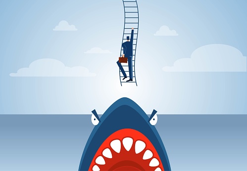 Emergency rescue, businessman climbs rescue rope ladder to escape from shark mouth, get rid of danger and risk
