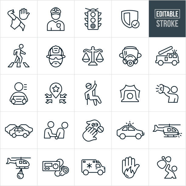 A set of emergency services icons that include editable strokes or outlines using the EPS vector file. The icons include theft, robbery, police officer, law enforcement, stop light, cross walk, fireman, scales of justice, fire truck, criminal, search and rescue, siren, warning, traffic, arrest, drugs, police car, cb radio, helicopter, ambulance and other public safety related themes.