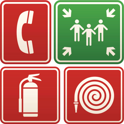 Emergency signs: telephone, meeting point, fire extinguisher and hose