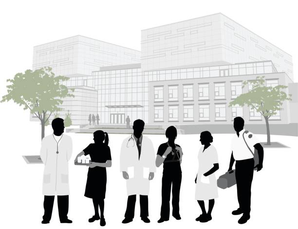 Emergency Workers Hospital Crowd of hospital staff standing in front of a hospital building. Silhouette vector illustration hospital silhouettes stock illustrations