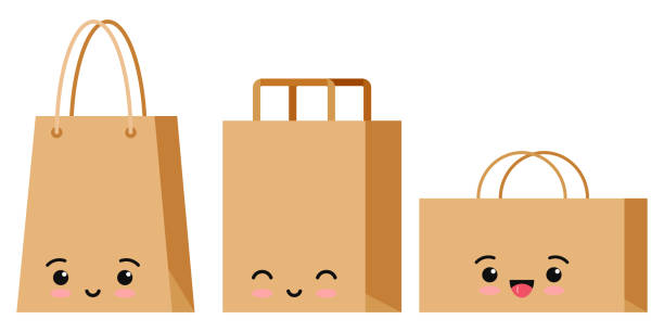 ilustrações de stock, clip art, desenhos animados e ícones de emoji character packaging for goods set isolated on white background. - paper bag craft