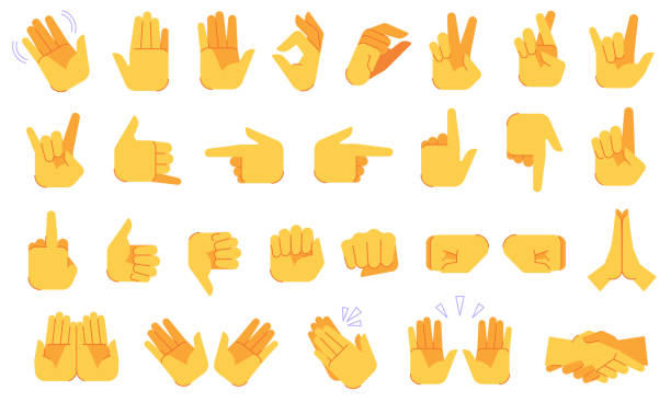 illustrazioni stock, clip art, cartoni animati e icone di tendenza di gesti delle mani emoji. diversi segnali e segni delle mani, ok e vittoria, pace e stretta di mano, applausi, simboli gestuali icone vettoriali impostate - pizzicotti
