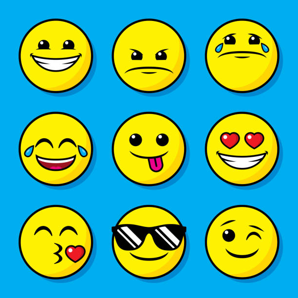 Emoji Icons Set Vector illustration of a set of various emoji face icons against a blue background. stick out tongue emoji stock illustrations