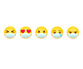 Emoji in face mask set. Social media reactions with medical mask covering mouth. Vector clip art illustration.