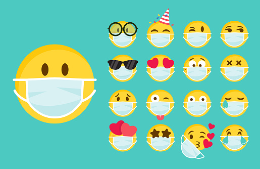 Download Emoji With Mouth Mask Set Of Yellow Faces With Closed Eyes Wearing A White Surgical Mask PSD Mockup Templates
