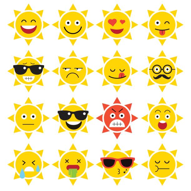 emojis. sun. sunlight. emojis. sun. sunlight. summer. Set of emotional  face on a white background. Flat vector emoticons. Set vector smiley. Characters smiley cartoon sun with sunglasses stock illustrations