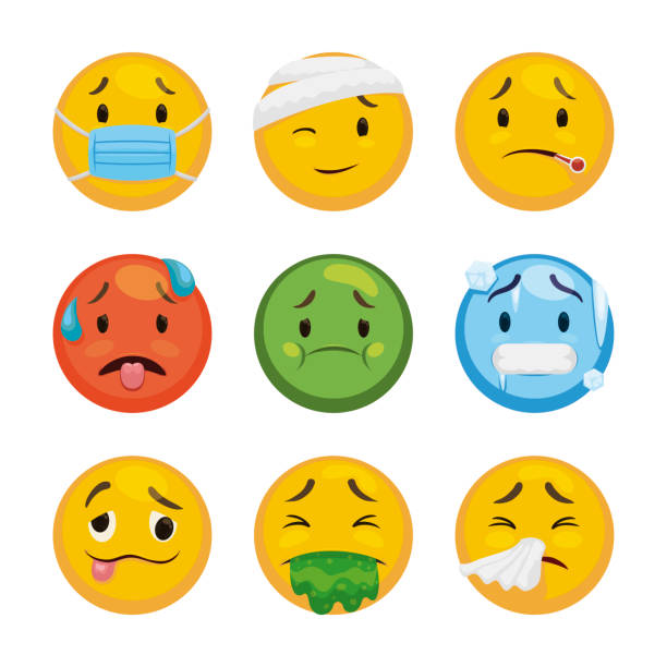 Emoticon Set to Express Sickness and Uncomfortable Situations Sick set of emojis: face wearing half-mask, using bandages, taking the temperature with a thermometer, fever, nauseated, frozen, vomiting, drunken and snotty. illness stock illustrations