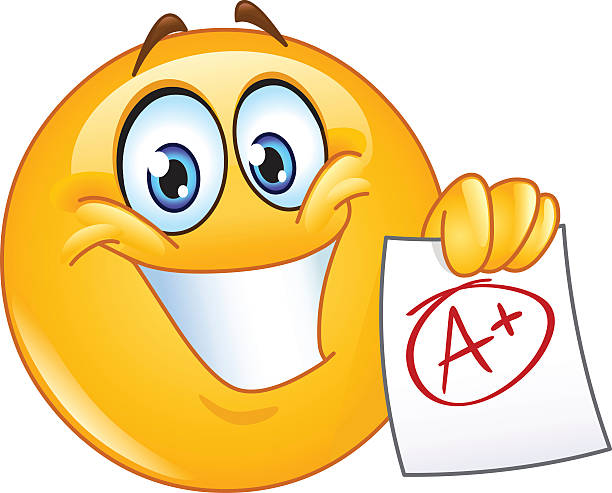 Emoticon with A plus grade Happy emoticon showing a paper with perfect grade a plus big smile emoji stock illustrations