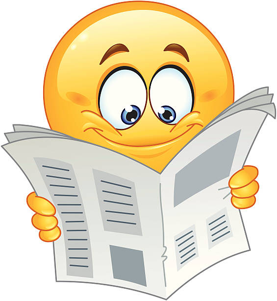 Emoticon with newspaper Emoticon reading a newspaper paper clipart stock illustrations