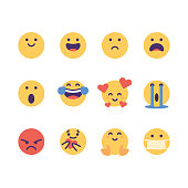 Vector illustration of a collection of cute and flat designed emoticons depicting the essential human emotions. Cut out designs for social media platforms, online messaging apps, online dating, human emotions and feelings, ideas and concepts, global communications and connections.
