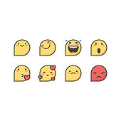 Vector illustration of a collection of cute emoticons in flat color design, line art, and in the shape of a speech bubble. Pixel perfect icon set suited for social media and design projects.