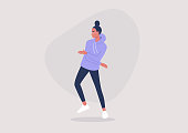 Emotions expression, young female character dancing at the party, millennial lifestyle