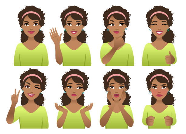 Emotions Faces of a young woman with different emotions isolated on a white background. hairstyle illustrations stock illustrations