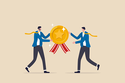 Employee award recognition, success achievement reward or top star performer of the month, best sales champion or certificate concept, businessman boss giving golden star badge to winning employee.