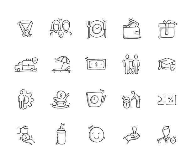 Employee Benefits Hand Draw Line Icon Set Employee Benefits Hand Draw Line Icon Set recruitment drawings stock illustrations
