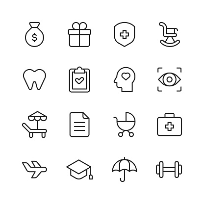 Employee Benefits Line Icons. Editable Stroke, Contains such icons as Bonus, Cafeteria, Car, Dental Insurance, Discounts, Gym, Health Insurance, Maternity Leave, Paid Vacation, Pension, Recruitment, Remote Work, Retirement Plan, Social Security.
