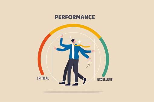 Employee evaluation, appraisal for work performance assessment, rating for performance bonus concept, businessman in the middle of rating gauge meter pointing to evaluate annual rating.