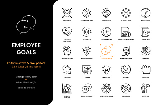 Editable Stroke Vector Style Line Icons of Employee Goals