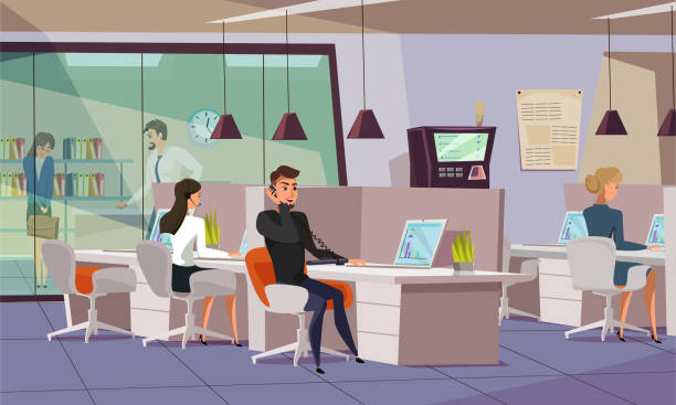 illustrations, cliparts, dessins animés et icônes de employés dans l'illustration plate de vecteur de bureau - open space
