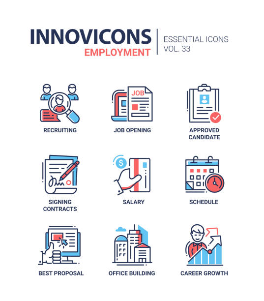 Employment- modern vector line icons set Employment - modern color vector single line icons set. Recruiting, job opening, approved candidate, signing contract, salary, schedule, best proposal, office building, career growth, credit, card recruitment clipart stock illustrations