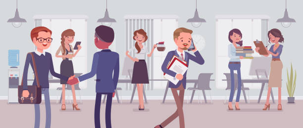Empoloyees busy in the office Employees busy in the office. Group of business people working in a room, businessmen and businesswomen meet colleagues, perform professional activity in positive corporate mood. Vector illustration modern office stock illustrations