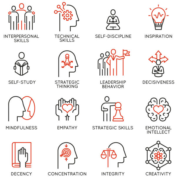 Empowerment leadership development and qualities of a leader icons Vector set of linear icons related to skills, empowerment leadership development and qualities of a leader. Mono line pictograms and infographics design elements individuality stock illustrations