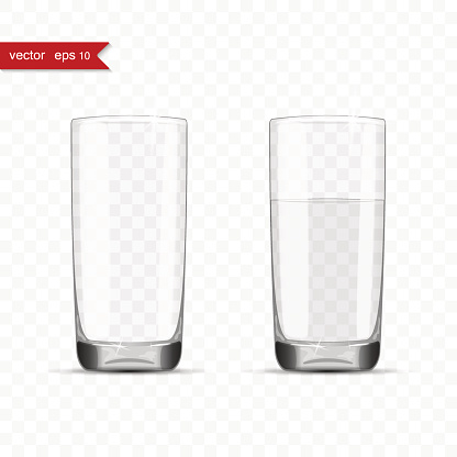 Empty and full glasses of water cup with shadow