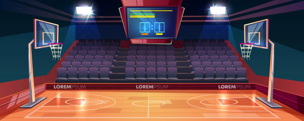Empty basketball court cartoon vector illustration Basketball court with wooden floor, scoreboard on ceiling and empty fan sector seats cartoon vector illustration. Modern indoor stadium illuminated with spotlights. Sports arena or hall for team games basketball court stock illustrations