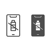istock Empty battery on smartphone line and solid icon, smartphone concept, low battery charge level on phone sign on white background, mobile with energy level icon in outline style. Vector graphics. 1284087900