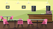 Empty cafe room with tables, chairs, bar counter. Flat pizzeria, cafeteria, restaurant modern interior. Comfortable furniture and cozy atmosphere. Menu, pictures on wall. Vector cartoon illustration
